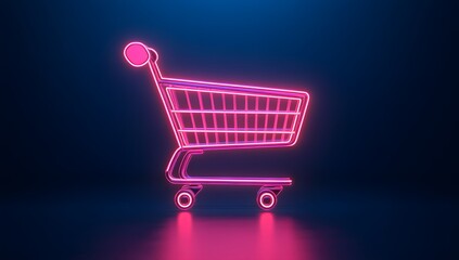 A pink neon shopping cart symbol against a dark blue background.