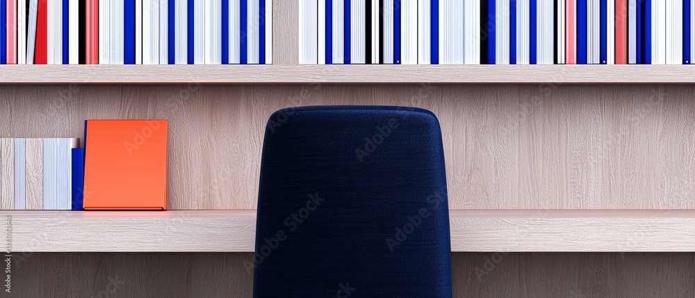 Aufkleber a minimalist workspace featuring a navy chair in front of a wooden shelf displaying colorful books a