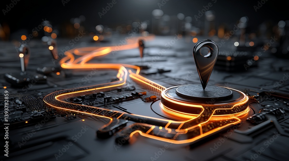 Poster abstract futuristic gps navigation system map technology digital route orange glowing lines circuit 