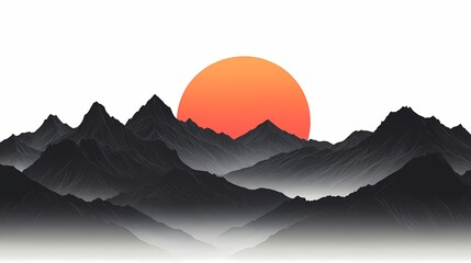 Majestic Mountain Sunset: Minimalistic Landscape Illustration with Orange Gradient Sky