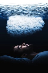 A serene image of a person sleeping with a cloud-like thought above, evoking themes of dreams and introspection beneath water.