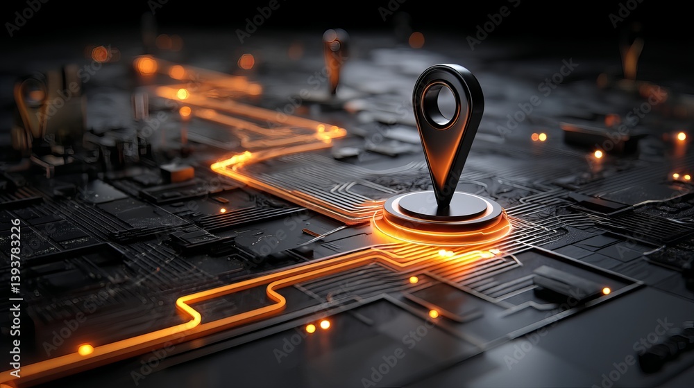 Poster abstract technology location pin on circuit board digital art futuristic glowing orange lines modern