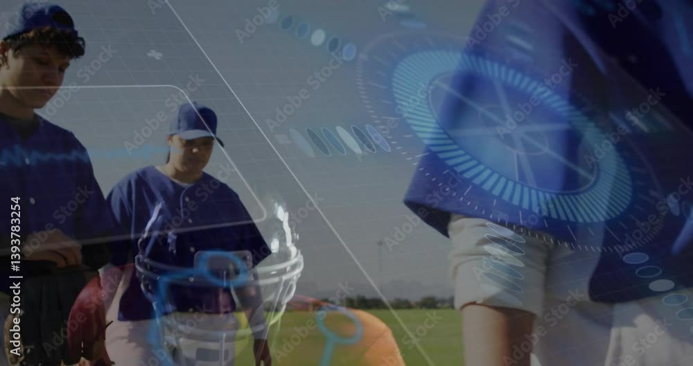 Poster baseball players on field with futuristic data processing animation overlay