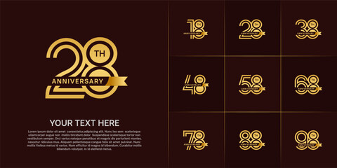 Anniversary logo type set with double line number. golden color with small ribbon for celebration event