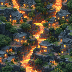 Isometric Pixel Art Village Nestled Among Lava Rivers and Green Trees on Rocky Terrain in a Fantasy Landscape