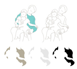 父親が娘を膝に抱いて微笑んでいる親子のシンプル手描き線画イラスト　背景透過