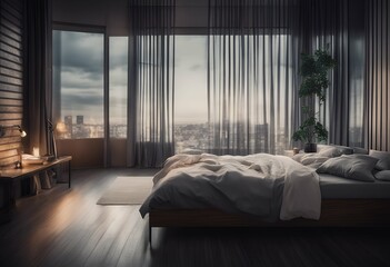 large window dark double bed bedroom architecture background decor living three-dimensional apartment interior contemporary furniture decoration room indoor house illustration lifestyle domestic