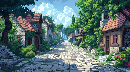 Picturesque Village Street with Cobblestone Road Green Trees and Stone Buildings Under a Bright Sky in Pixel Art Style