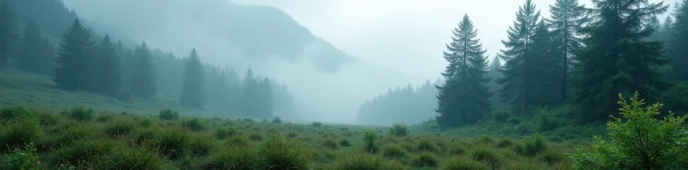 Misty landscape with fir trees and overgrown undergrowth , natural, forest, overgrown