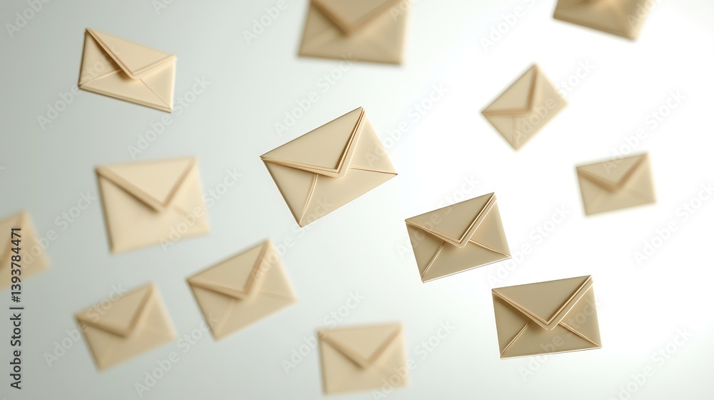 Poster d illustration of flying email icons and envelope symbols on light background with wide space for br