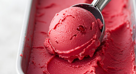 Juicy Strawberry Sorbet Scoop with Glossy Red Appearance and Sweet Aroma on Clean White Background