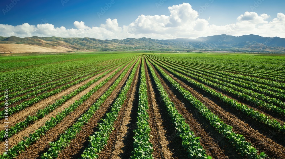 Poster aerial view of crop rotation field patterns with vibrant green and brown sections, showcasing sustai