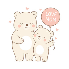Cute cartoon of mother bear hugging baby bear holding a pink balloon with text “Love Mom” – sweet illustration for Mother’s Day, nursery art, baby shower, parenting themes, and family love