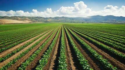Aerial view of crop rotation field patterns with vibrant green and brown sections, showcasing sustainable land use and open sky for copy space