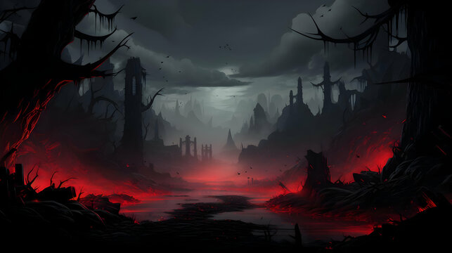 Gloomy Pixel Art Landscape Featuring Red Lit Ruins Under a Dark Gray Sky With Bare Trees and Fog For Eerie Retro Digital Art Background