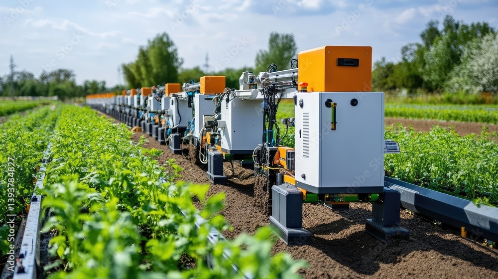 Poster an automated planting system in action, with machines planting seeds in perfectly spaced rows across