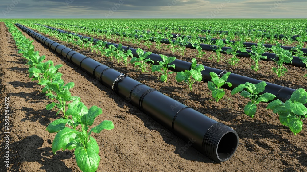 Poster automated irrigation pipes running through rows of crops, controlled by smart sensors for precise wa