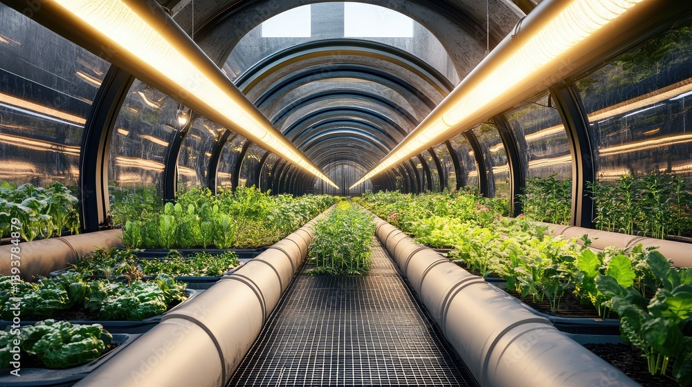 Poster automated irrigation pipes running through rows of crops, controlled by smart sensors for precise wa