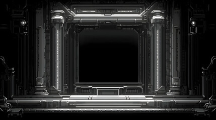Obraz premium Intricate Geometric Portal Structure with Symmetrical Design and Metallic Details in Grayscale Architecture