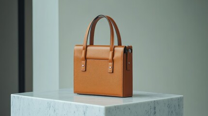 A classic leather handbag with a sleek design, placed on a clean surface with space around it for promotional content.