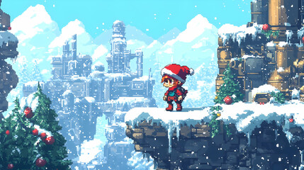 Festive Winter Pixel Art Landscape with Snowy Mountains and Character in a Christmas Hat on Cliff with Decorated Tree and Snowy Landscape