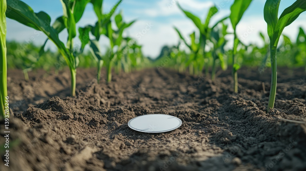 Poster a close-up of a sensor tracking the ph levels in a farm's soil, optimizing the use of organic fertil