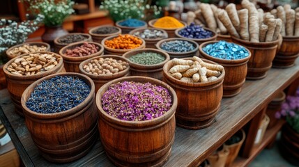 Fototapeta premium Wooden barrels filled with colorful herbs and spices. A display of various dried medicinal plants and aromatic spices. Assortment of natural, organic ingredients