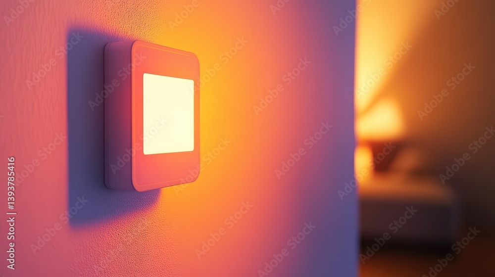 Poster a close-up of a smart light switch on a white wall, with a glowing indicator light and space for cop