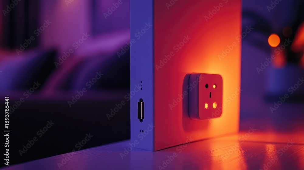 Poster a close-up of a smart plug adapter plugged into a socket, with a glowing indicator light and room fo