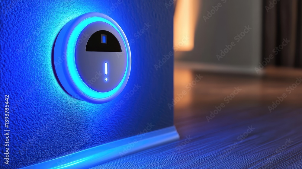 Poster a close-up of a smart plug adapter plugged into a socket, with a glowing indicator light and room fo