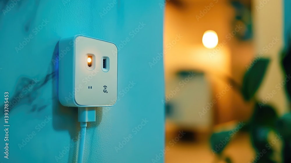 Poster a close-up of a smart plug connected to an appliance, with clear space in the background for copy or