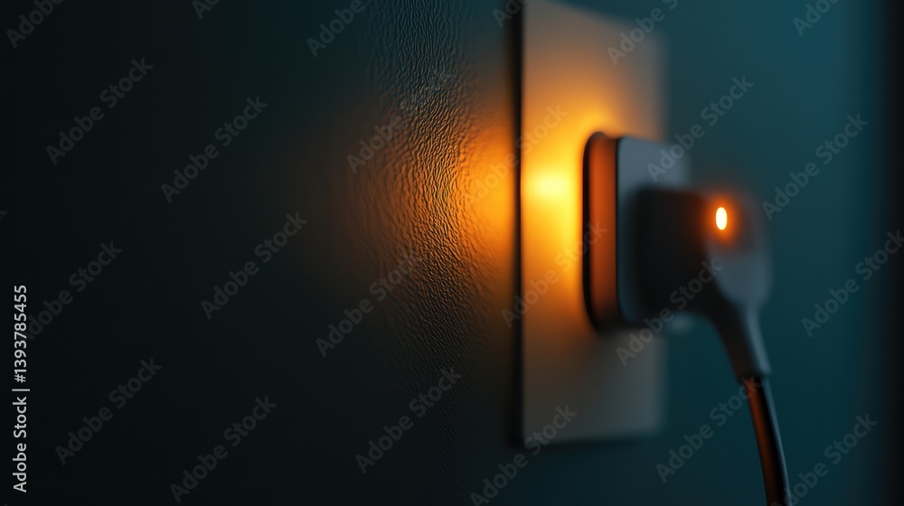 Poster a close-up of a smart plug adapter plugged into a socket, with a glowing indicator light and room fo