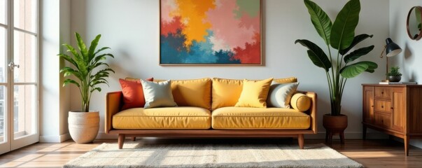 Low-slung sofa in rich wood tones sits atop plush area rug in neutral hues, surrounded by vintage planters and abstract art pieces, abstract art, wooden accents