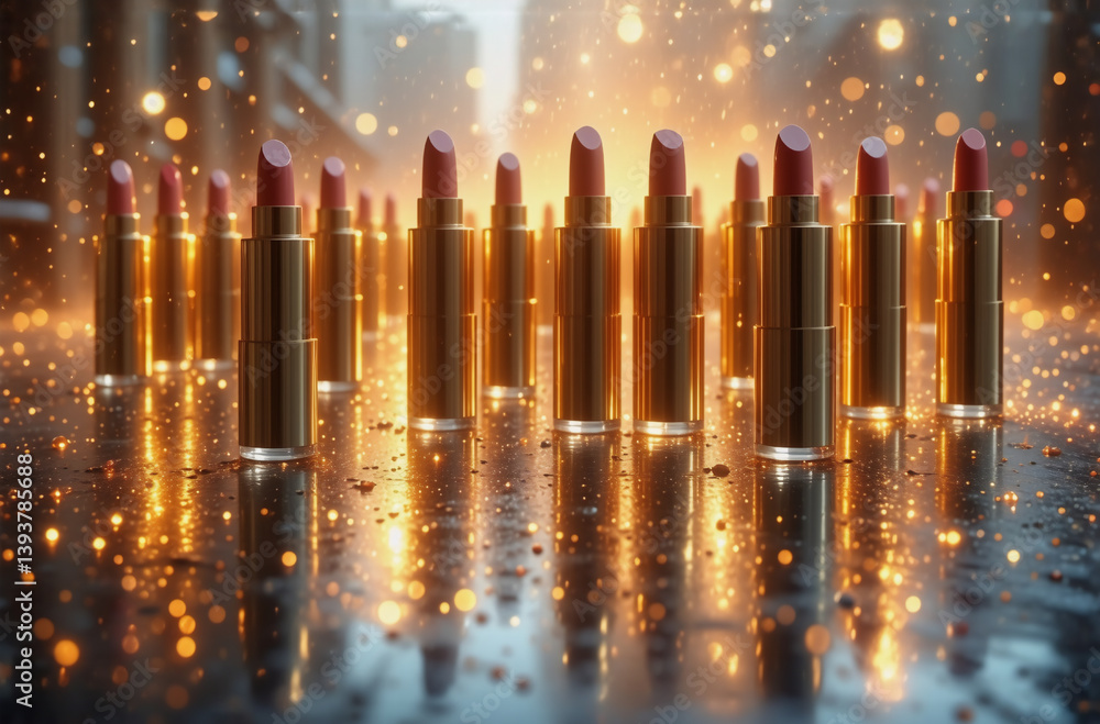 Poster lipsticks stand in rows on a reflective surface, illuminated by bokeh lights, creating a glamorous a