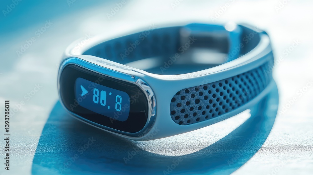 Poster a close-up of a wearable activity tracker with a display showing daily steps, on a flat surface with