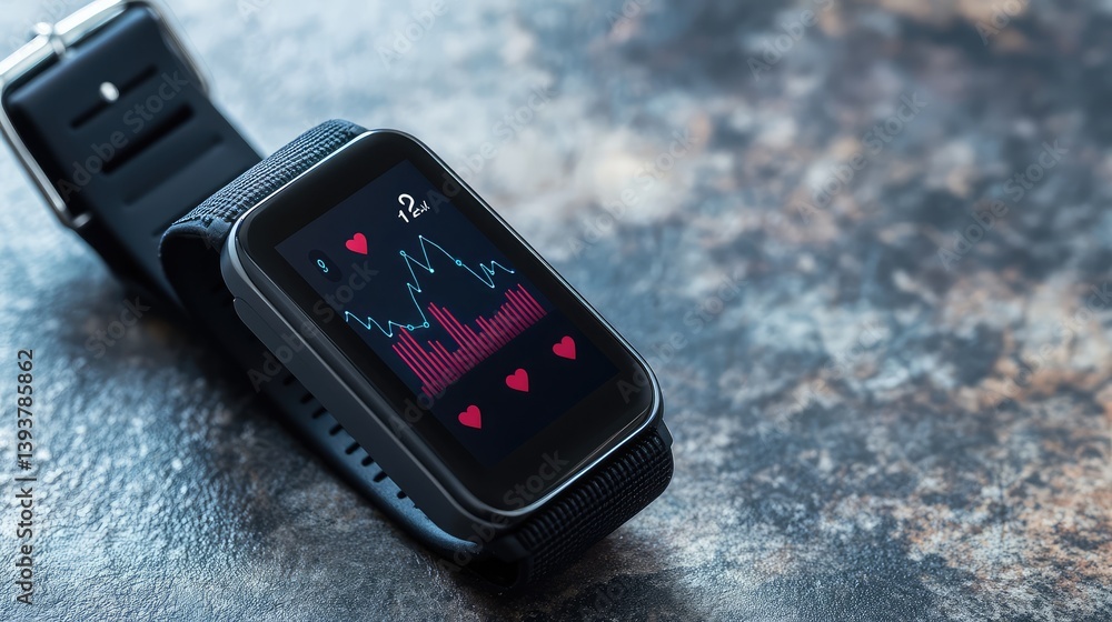 Poster a close-up of a wearable activity tracker with a display showing daily steps, on a flat surface with