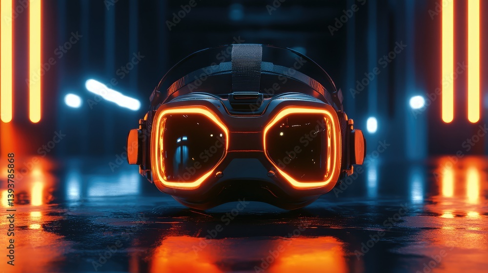 Aufkleber a close-up of a vr headset on a table with glowing edges, surrounded by empty space for promotional 