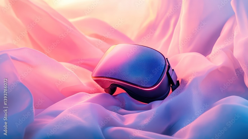 Poster a close-up shot of a vr headset on a soft fabric surface with glowing edges, surrounded by space for