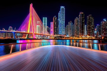 Obraz premium Vibrant Urban Night Scene with Colorful Bridge Reflections over Water and Skyscrapers Illuminated in Oil Painting Style