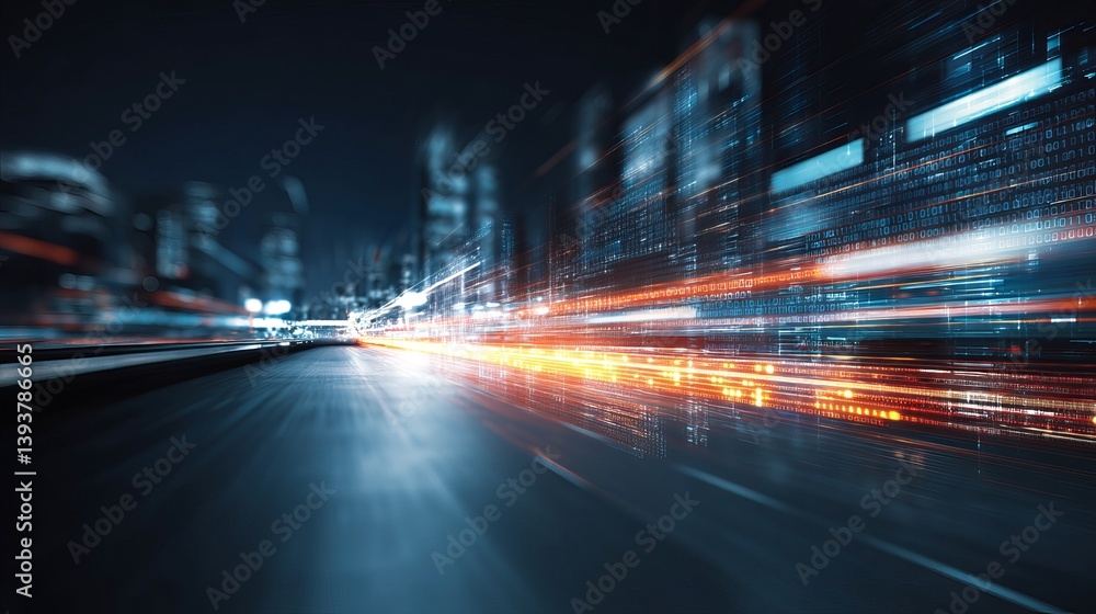 Poster abstract futuristic cityscape night highway speed light trails digital binary code data stream techn
