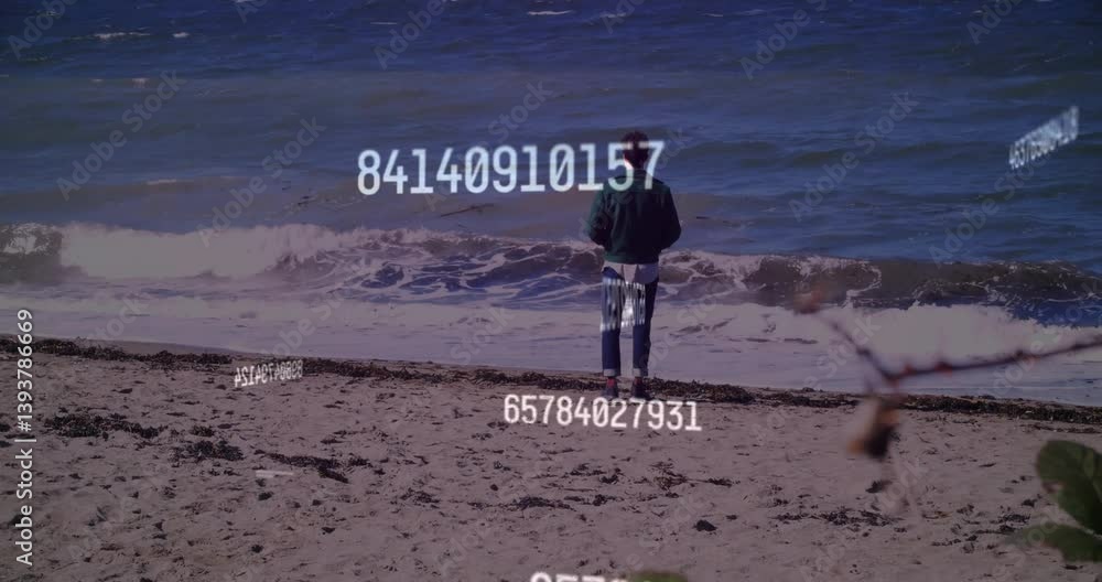 Poster person standing on beach with numerical data animation over ocean background