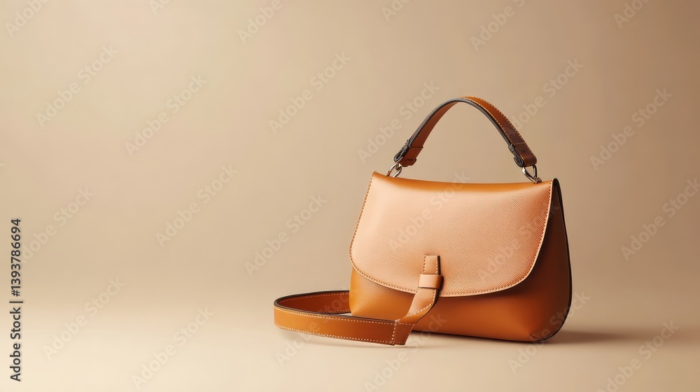 Poster a designer handbag with a unique shape, placed on a neutral background with clear space for copy or 