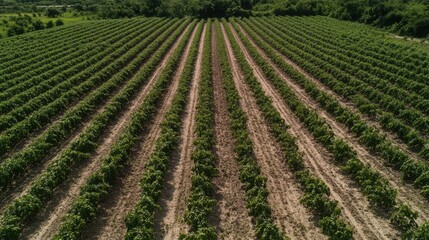 A drone equipped with a camera capturing images of a soybean field from above, monitoring crop health for precision farming, open sky for text