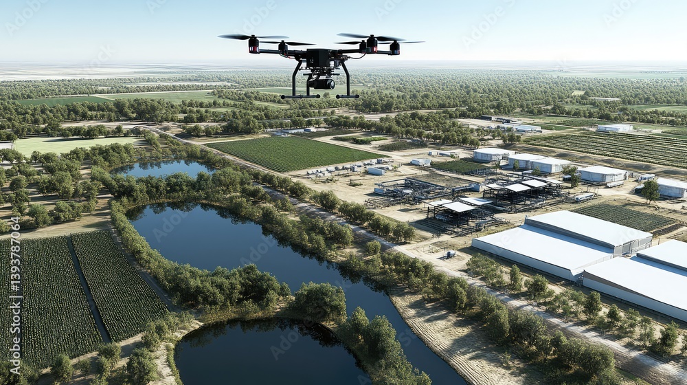 Poster a drone flying over a farm with a sensor system in place, capturing real-time crop health data, clea