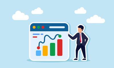 A businessman stands next to an app platform interface showing a chart graph, illustration of digital-based data monitoring and evaluation for business performance