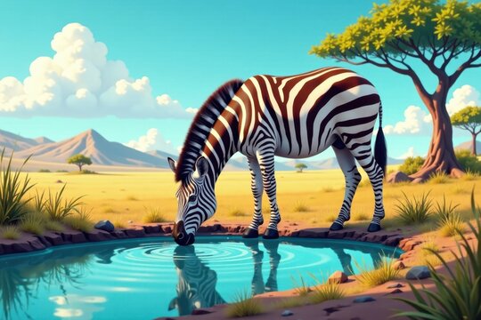 Illustration of a zebra drinking from a watering hole, illustration, nursery decor