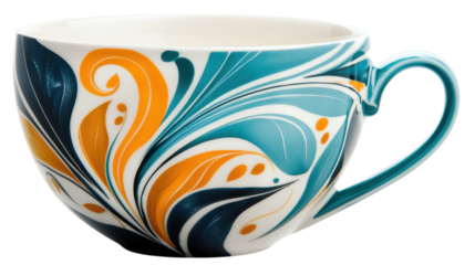 A beautifully crafted ceramic mug featuring a bold swirling abstract pattern in a vibrant color palette of turquoise and orange adding a touch of modern elegance to any kitchen or dining setting