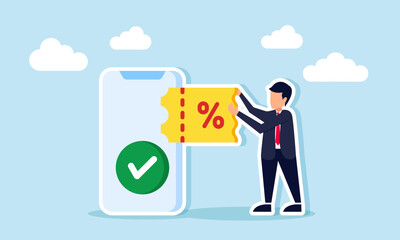 A businessman holds a discount coupon beside a smartphone showing a check mark, illustration of validating a discounted purchase