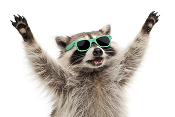 Funny Raccoon with Green Sunglasses Cheering Up | Cool Animal Photo | Raccoon Meme | Party Vibes | Sunglasses Animal