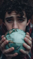 eco-anxiety youth face to globe, capturing eco-anxiety youth intensity, eco-anxiety youth emotional gaze for global concern